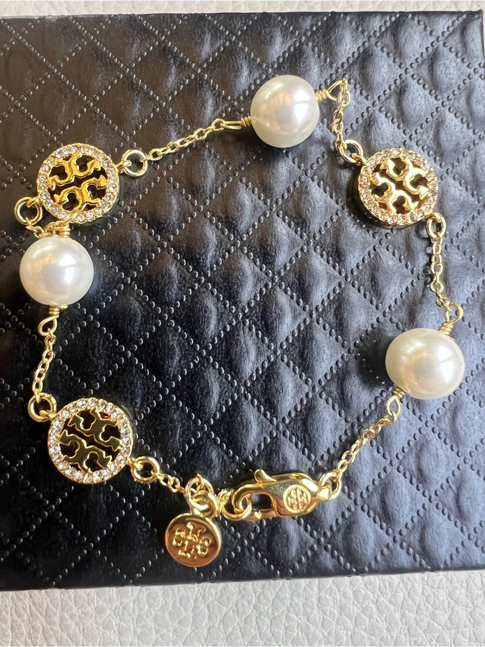Tory Burch Gold-Tone Pearl Station Bracelet with Logo Discs